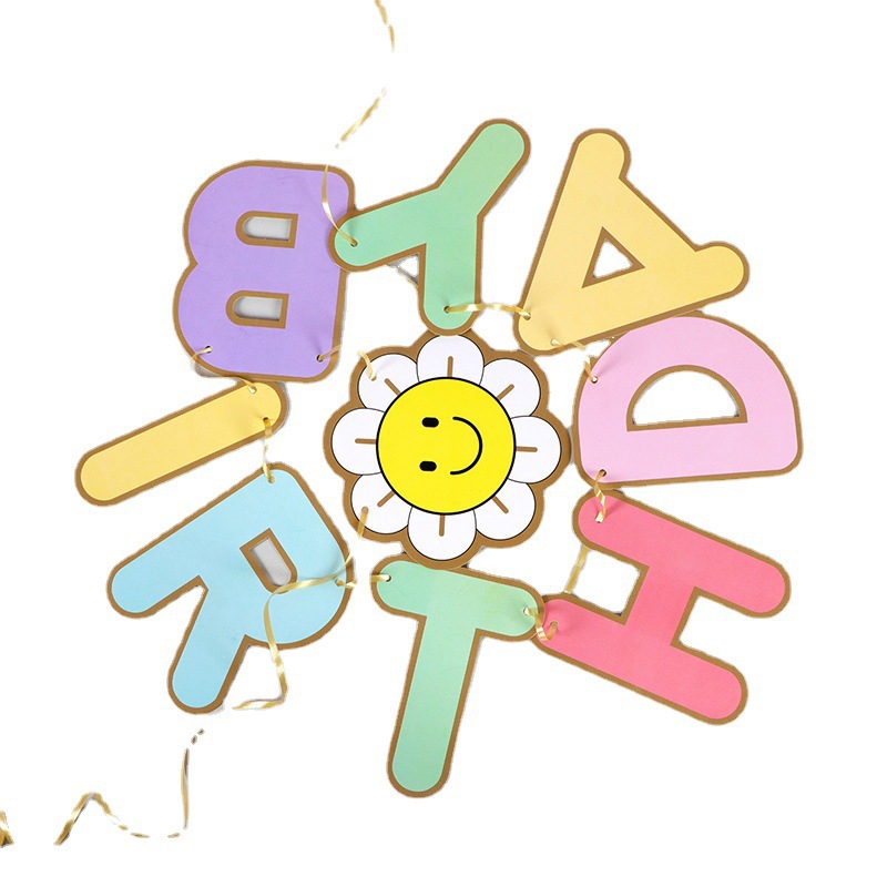 Sunflower pequeña margarita dibujo de bandera de cumpleaños macaron dibujo de bandera de papel dibujo de flores decoración de cumpleaños de bandera de dibujo de bandera