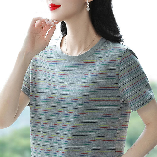 Mature Mom Pure Cotton Short Sleeve T-Shirt Women's 2025 Summer New Striped T-Shirt Loose Plus Size Abdominal Covering