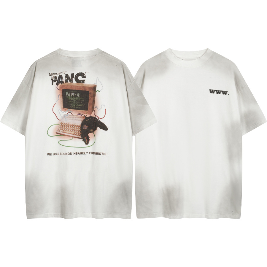 PANQ hace viejos molinos de lavado impresos para hombres sueltos camisetas casuales de manga corta