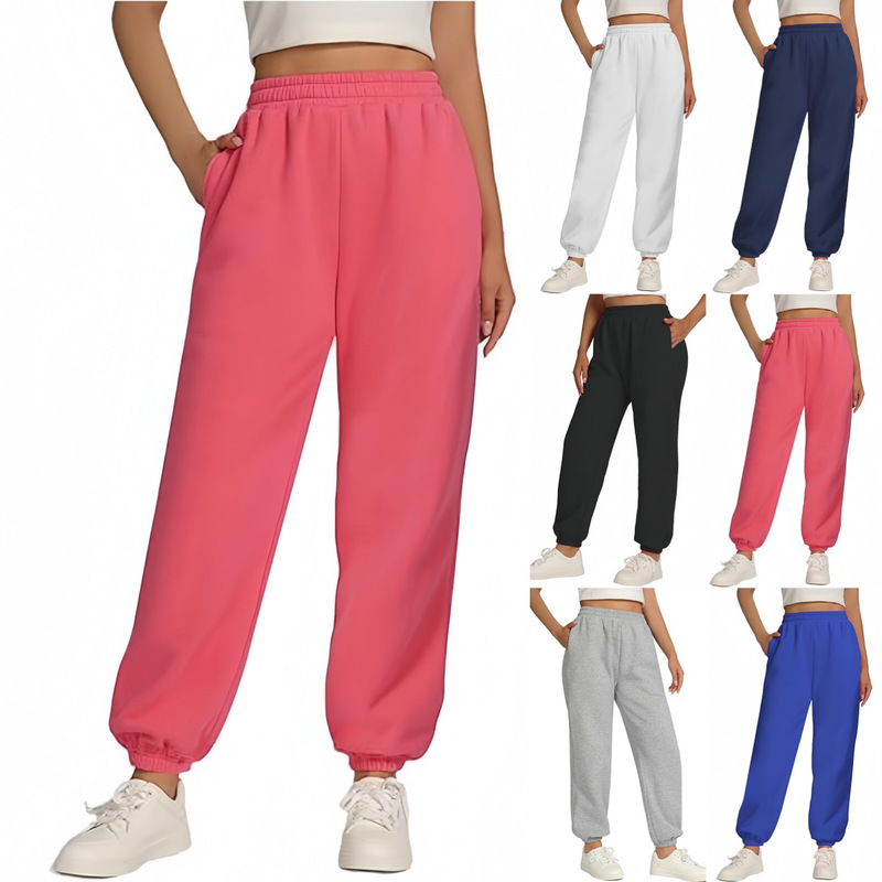 Cross-Border European and American Amazon Autumn and Winter New Solid Color Casual Personality Women's Drawstring Loose Fleece-Lined Sports Jogging Pants