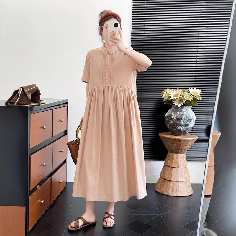 Japanese-Style Turn-Down Collar Half-Button Cotton Dress, New Summer Style, Loose and Versatile, Age-Reducing, Artistic, Fresh, Mid-Length Dress Japanese-Style Turn-Down Collar Half-Button Cotton Dress, New Summer Style, Loose and Versatile, Age-Reducing, Artistic, Fresh, Mid-Length Dress