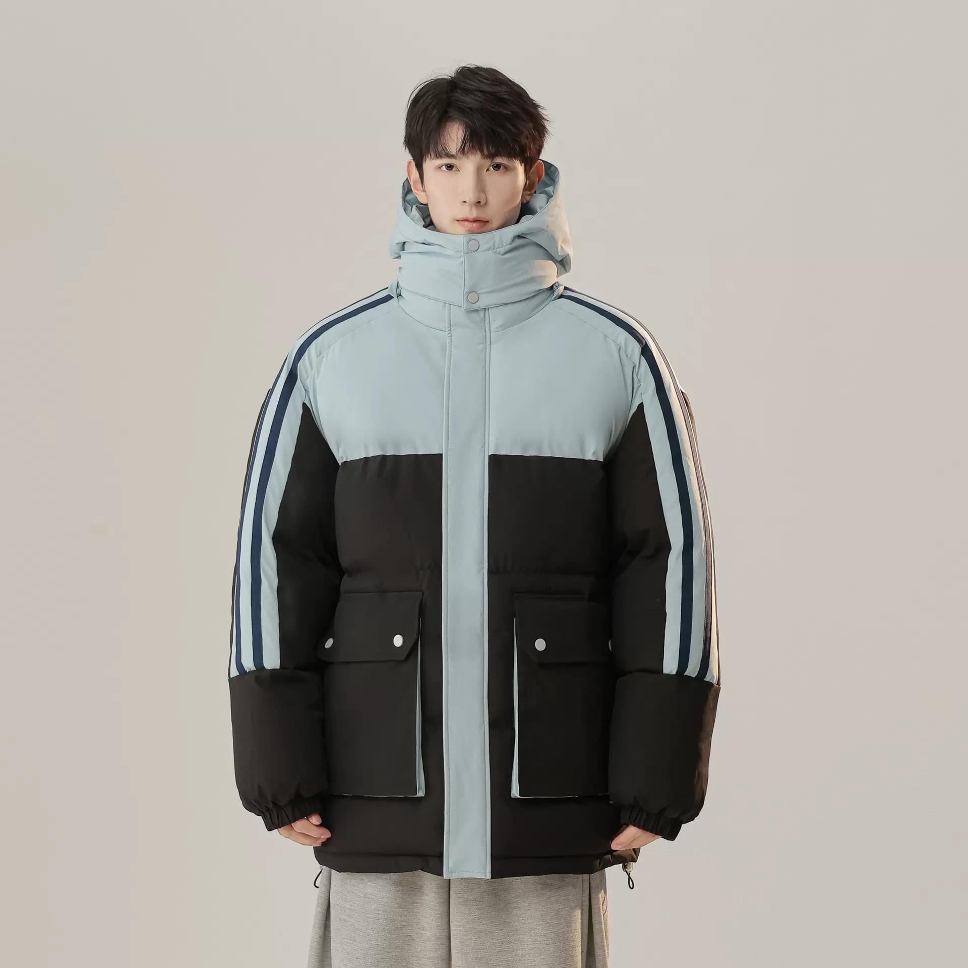 简恒潮牌立领条纹棉服男冬季青少年加厚防水宽松运动外套百搭宽松