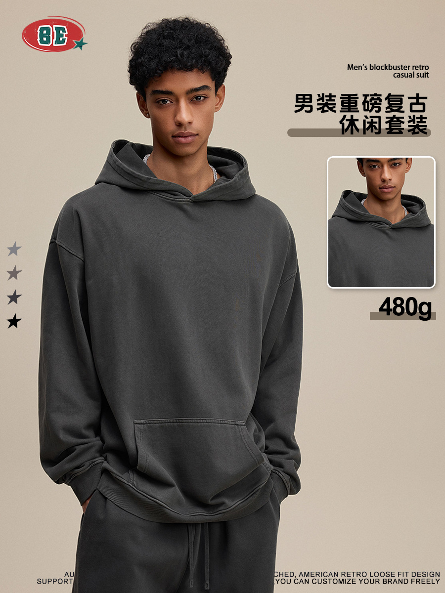 Be Hombres| 2025 otoño retro callejera pesada 480g hacer vieja camiseta azul pantalones casuales de moda masculina