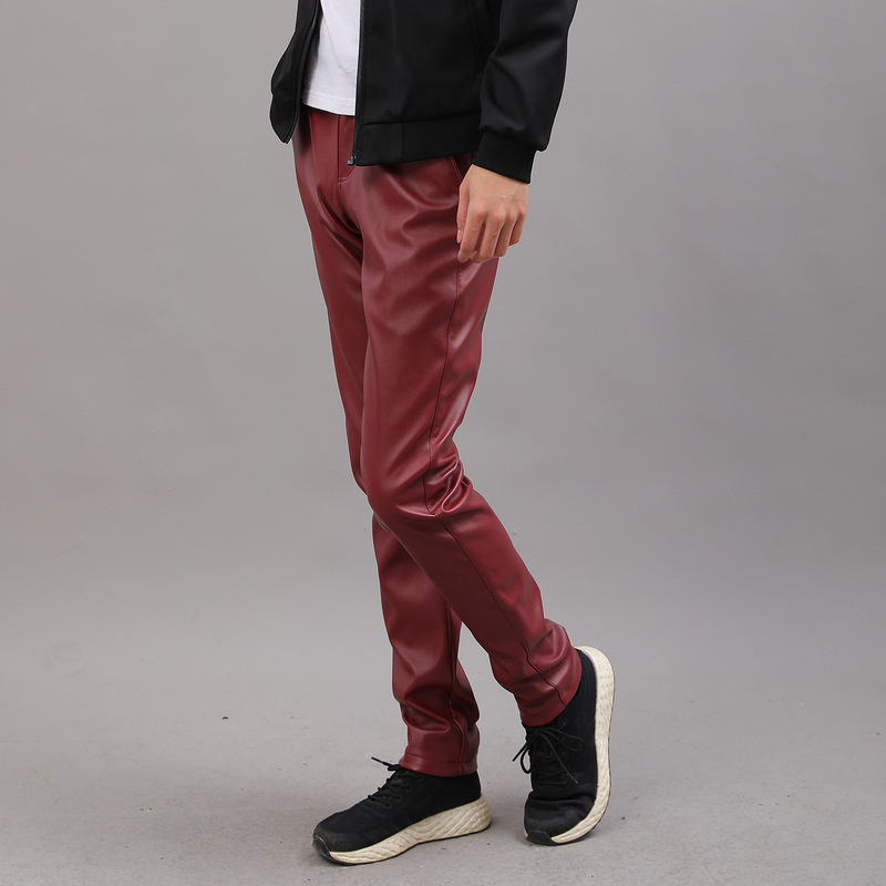 Men's Elastic Slim-Fit Skinny Leather Pants for Young and Middle-Aged, Available in Deep Burgundy, Wine Red, and Bronze Brown Pu Casual Style Men's Elastic Slim-Fit Skinny Leather Pants for Young and Middle-Aged, Available in Deep Burgundy, Wine Red, and Bronze Brown Pu Casual Style