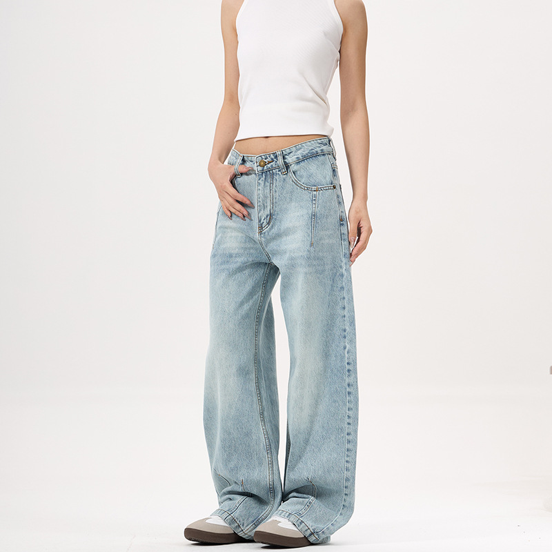 Lktm Men's American High Street Light Blue Slub Denim Jeans Unisex Trendy Brand Slimming Loose Long Pants