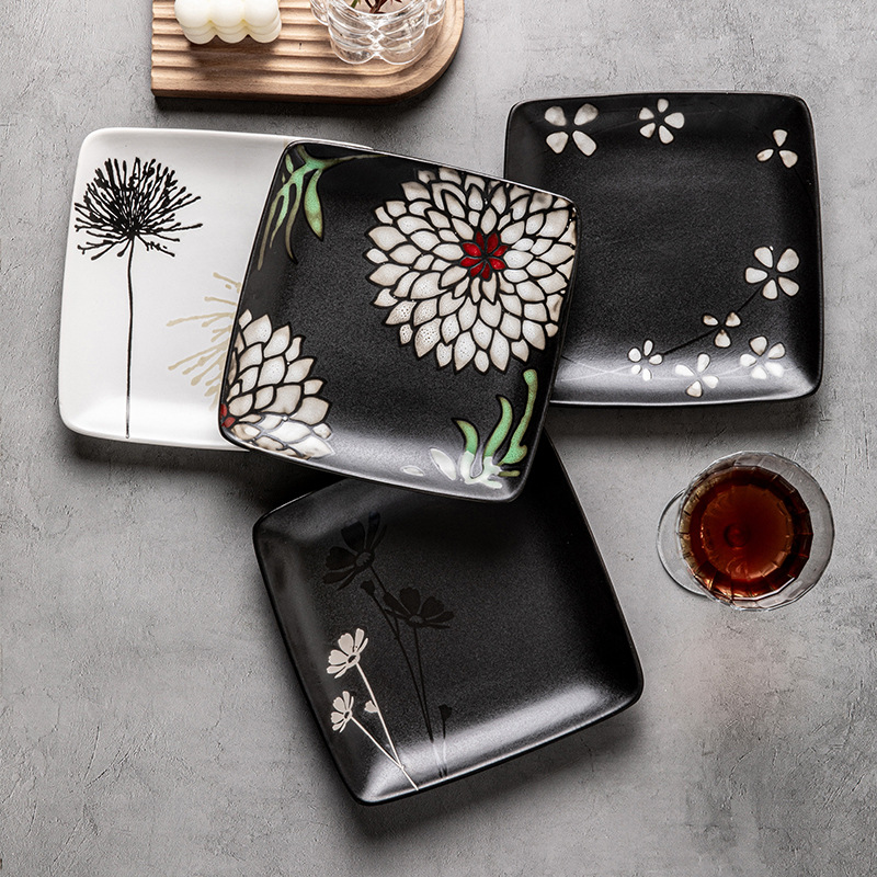 Platos de cerámica pintados a mano de alto valor, platos de platos caseros, platos de comida occidentales, platos de platos japoneses, exportación transfronteriza de cubiertos