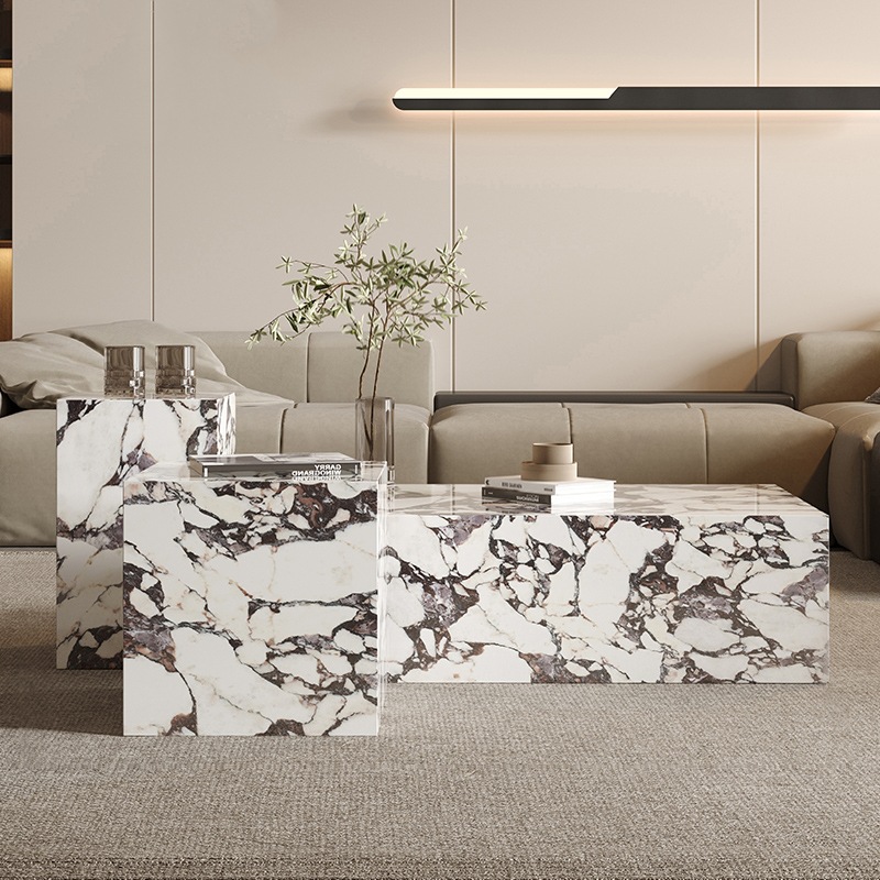 암석판 티 테이블 3종 세트, 모던 심플 스타일, 인기 있는 직사각형 사이즈, 기둥형 사이드 테이블, 티 테이블