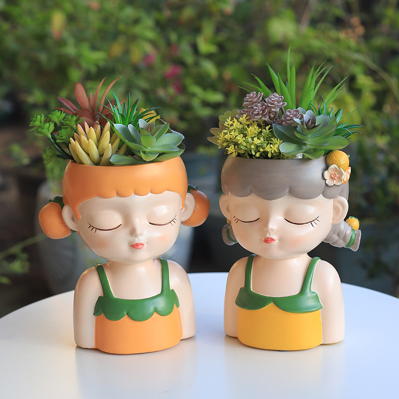 Chậu Cây Resin Chậu cây mọng nước hình cô gái resin, chậu mini trang trí ban công, sân vườn và bàn làm việc (RG-237)