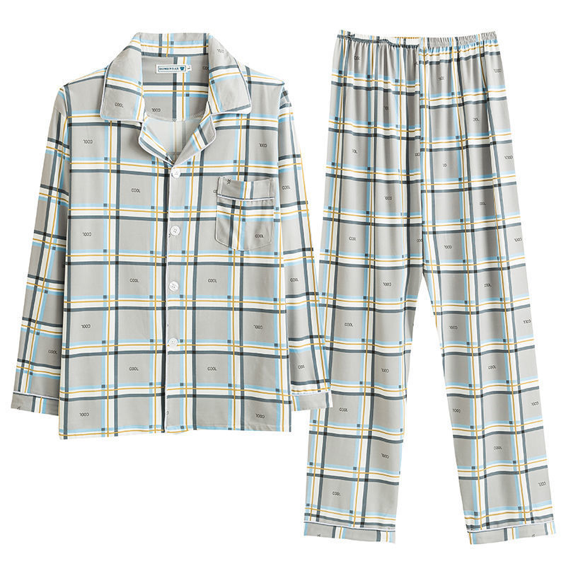 Pijamas de primavera y otoño de algodón de manga larga para hombres pijamas de otoño e invierno para hombres jóvenes de mediana edad delgada día de verano traje de uso doméstico