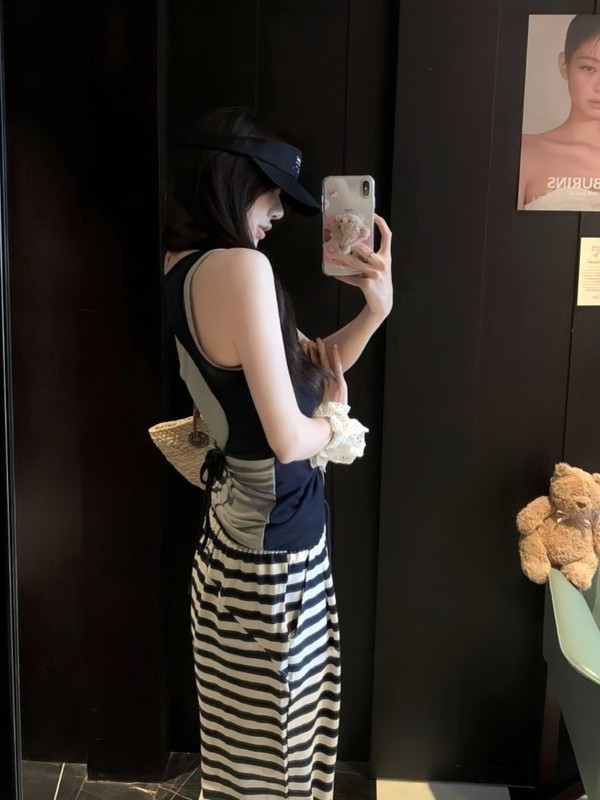 藏青条纹休闲运动裤子女2025秋季新品高腰宽松显瘦垂感阔腿裤ins|undefined
