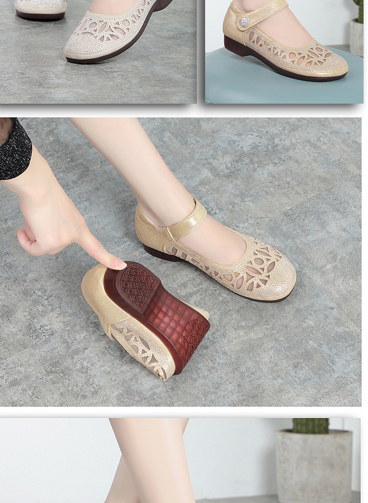 Sandal nữ đế bệt da thật mặt lưới thoáng mát — Màu be chi tiết 12