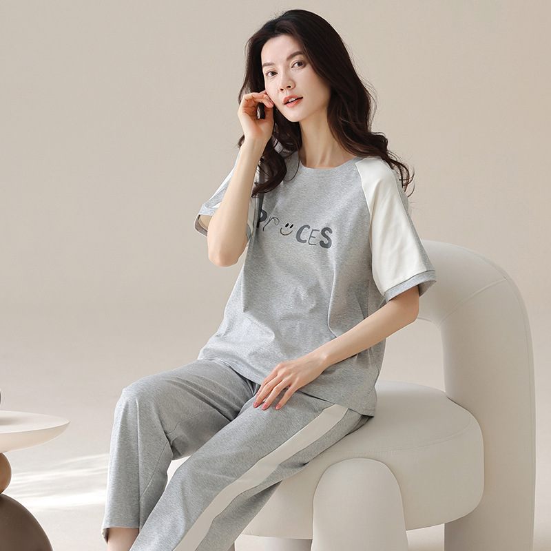全棉100%纯棉潮流时尚女士睡衣女款短袖长裤二件套休闲居家家居服