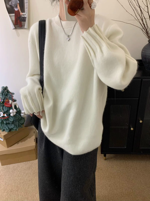 韩系设计感毛衣女新款灯笼袖圆领套头宽松慵懒中长款秋冬针织衫潮|undefined