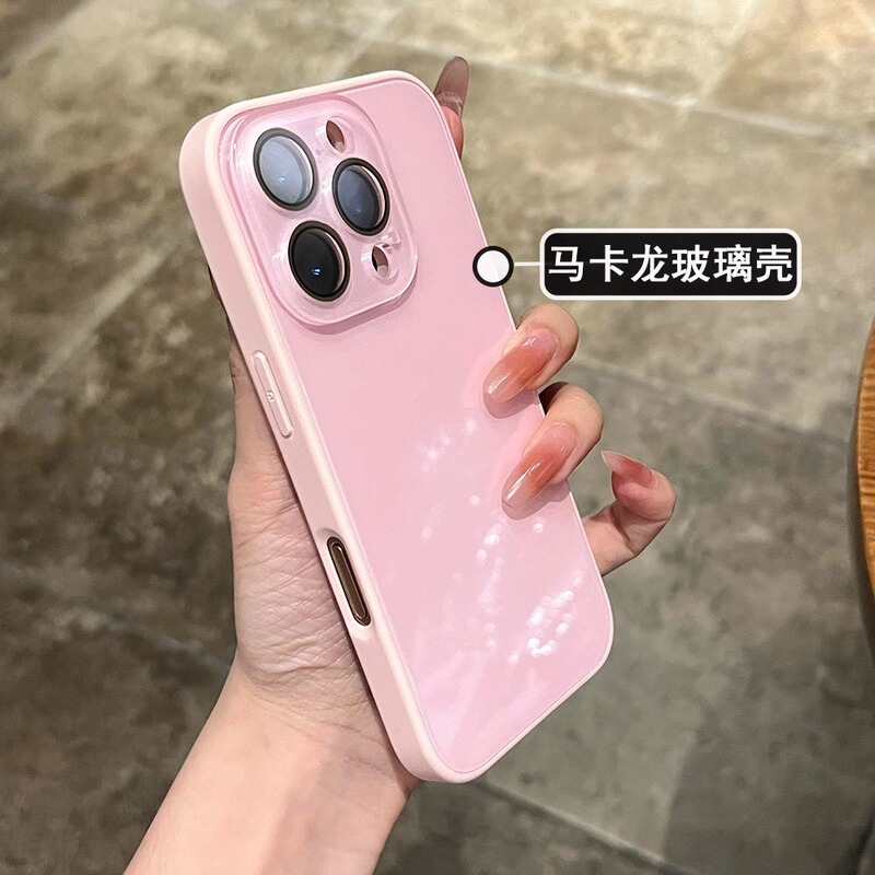マカロンガラスケース iPhone17ProMax用 携帯電話ケース Apple15 レンズフィルム付き 14 夏 男女兼用|undefined