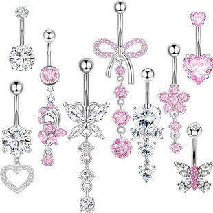 9-Piece Set of Belly Button Nails Made of Stainless Steel, Butterfly Peach Heart Flowers Inlaid with Zircons, Long Belly Button Ring Buckle Piercing Jewelry
