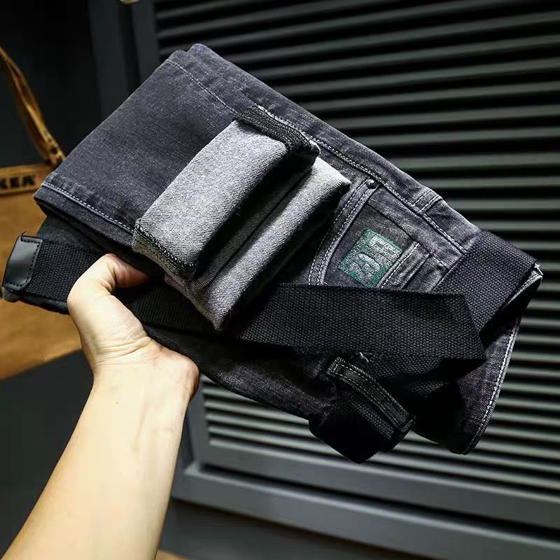 Winterplüschige und dicke Jeans für Herren, trendige kleine Füße, hochwertige, lässige, elastische Slim-Fit-Langhose_voghion.com