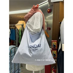 韓版東大門新款SAN字母印花條紋布包ins博主同款大容量簡約單肩包