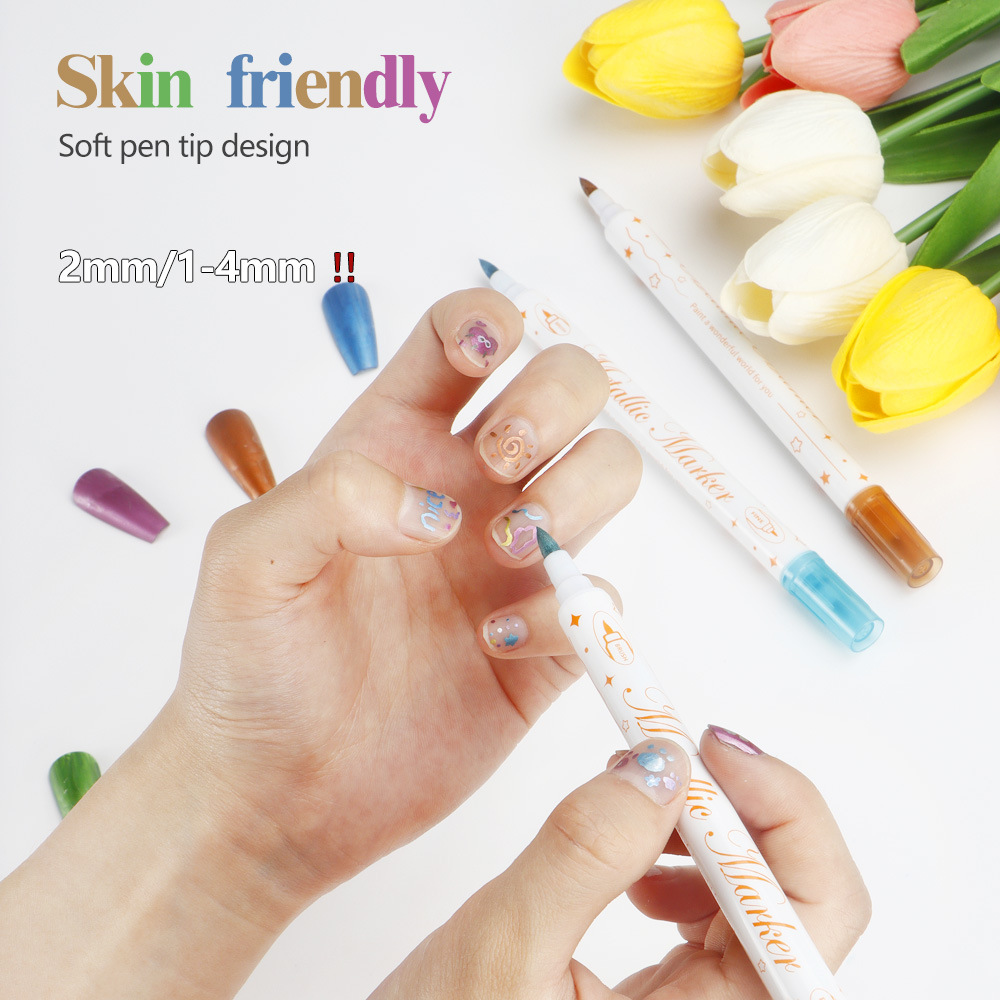 Ventas transfronterizas calientes de doble cabeza de uñas graffiti pluma 12 colores acrílico pintura pluma de pintura de cabeza suave DIY desgaste de nail tracker