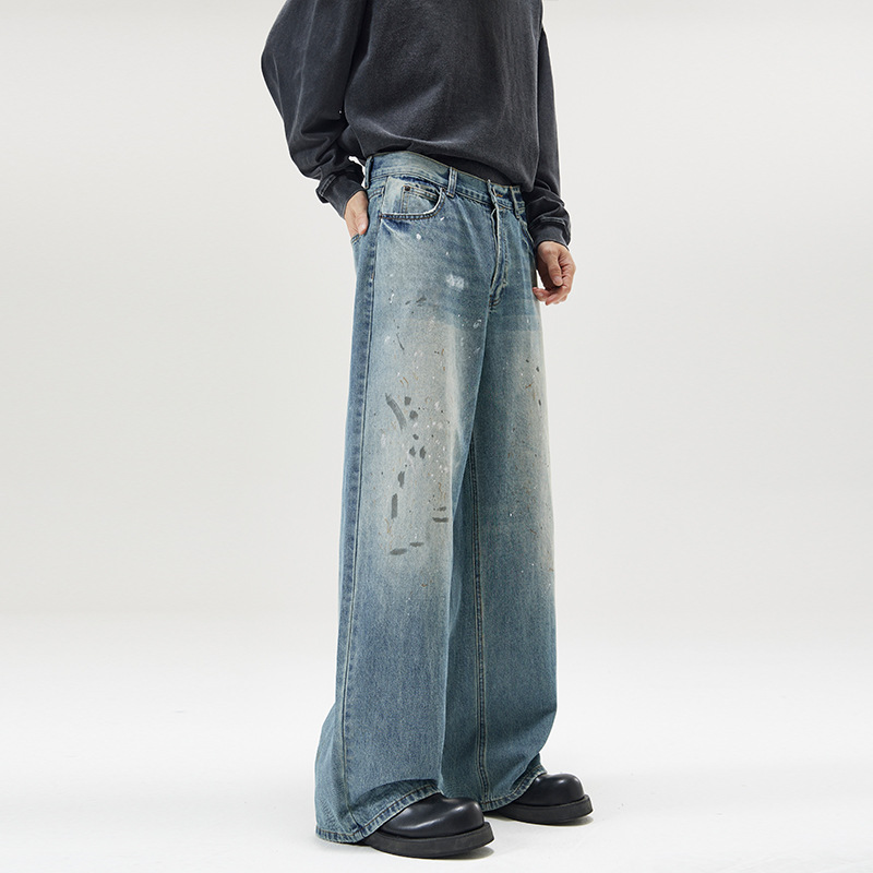 Retro tinta impresa jeans de lavado viejo suelto hombre cautiva estilo americano de otoño pantalones rectos de calle alta