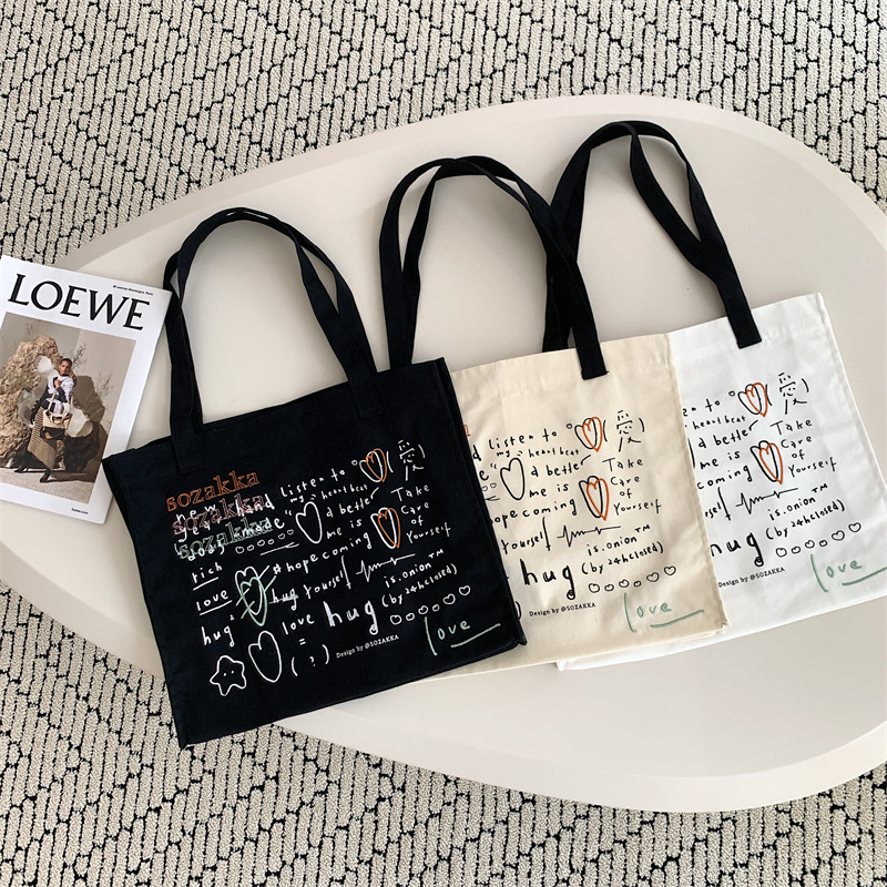 36273 Japanese and Korean canvas bag for women, versatile large-capacity embroidered and printed hand-held shoulder bag, student class bag details Picture