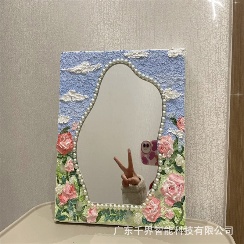 批发油画镜石英砂丙烯镜子立体肌理画diy镜子手工手绘郁金香镜子