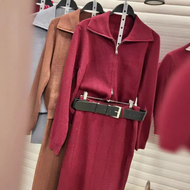 2025秋冬の新型越境欧米の外国貿易の婦人服の純色の長袖のファスナーのコートの半身のスカートのセーターのスーツ|undefined