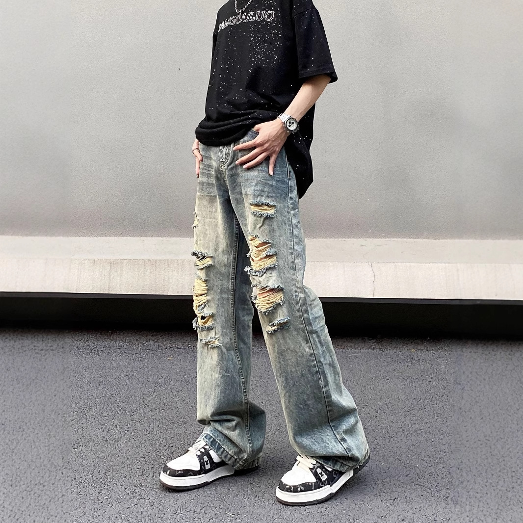 American High Street Retro Ripped Jeans for Men, Loose Straight-Leg Trendy Brand, Handsome Slightly Flared Design, Beggar Pants