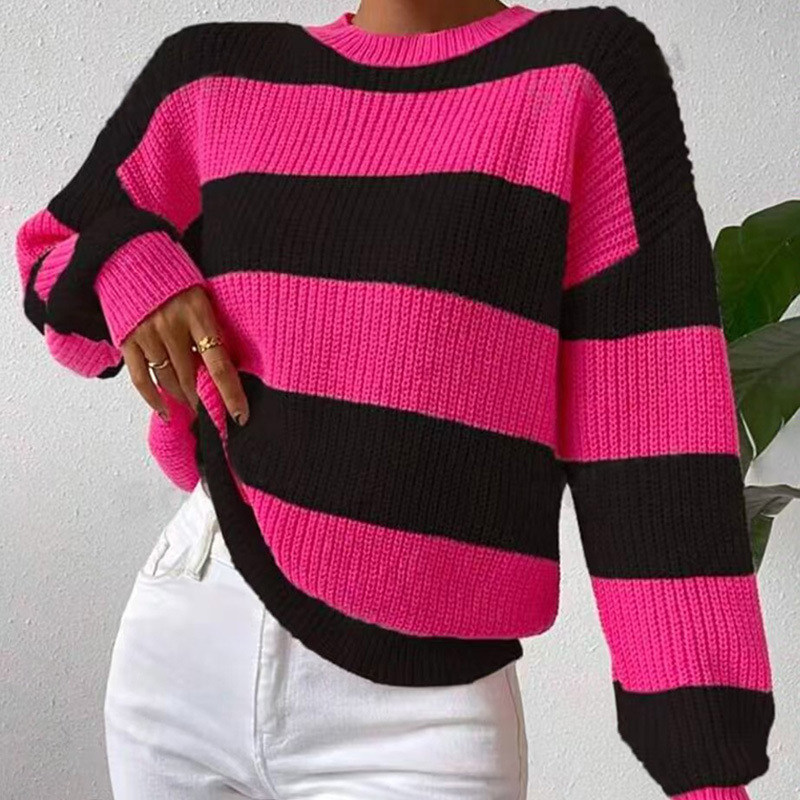 Spring, Autumn Season Women's Gender Wholesale Women's Casual Color Block Stripe Long Sleeve Contrast Binding Sweaters & Cardigans