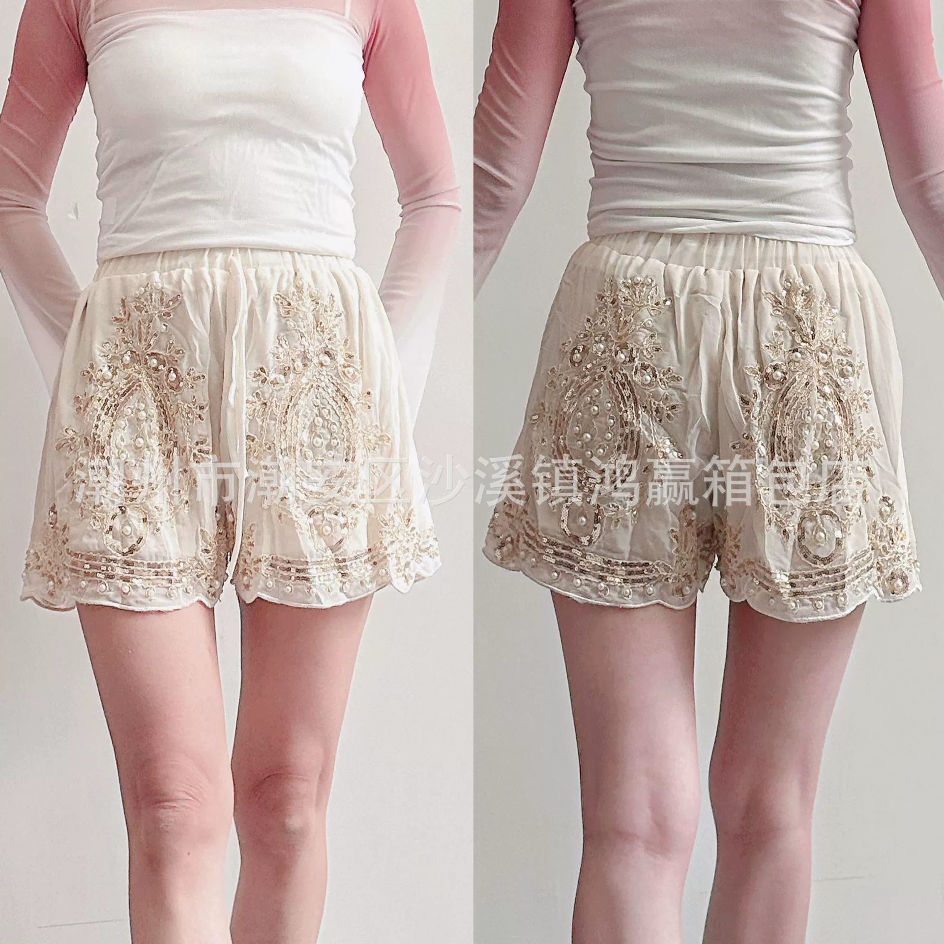 Европейские и американские модные ретро-шорты из шифона с эластичным поясом, широкие брюки с пайетками и бисером для женщин