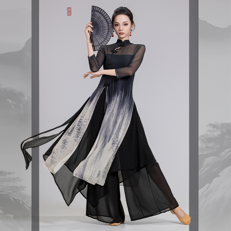 クラシックダンストップ女性のパフォーマンス服エレガントな新しい中国風の水墨画ダンスガーゼ袍服|undefined
