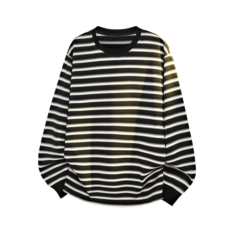 T-shirt a maniche lunghe a righe bianche e nere da uomo, top primaverile di tendenza dalla vestibilità pulita, maglietta base ampia e casual con scollo rotondo_voghion.com