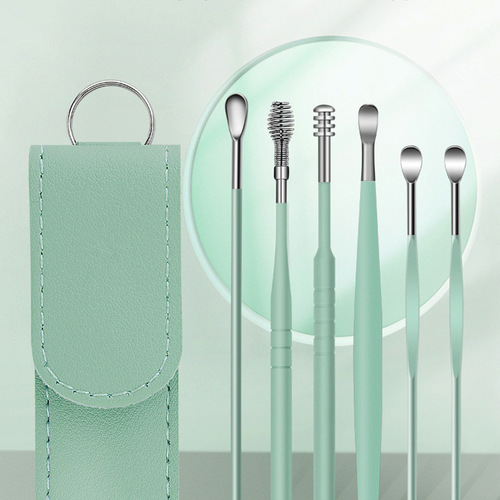 Wholesale household ear picking spoon six-piece set with leather case rotating spring anti-slip multi-functional ear picking tool portable set