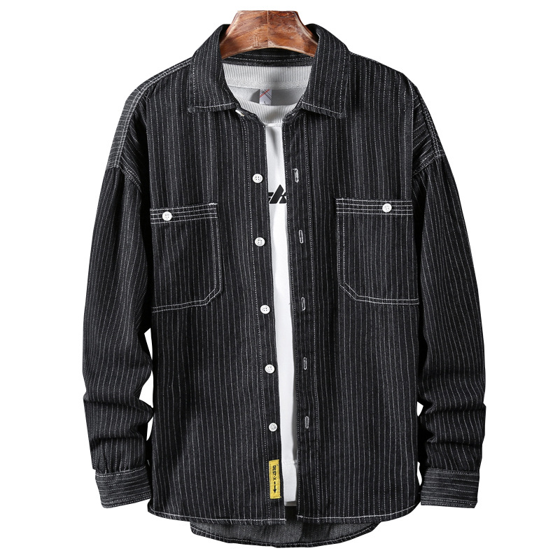 2023 Lente Nieuwe Casual Polokraag Denim Shirt Zwarte Verticale Streep Losse Denim Shirtjas voor Heren en Jeugd_voghion.com