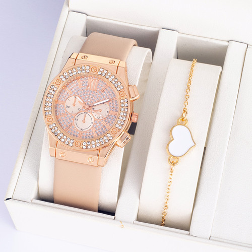 ins Korean style diamond fashion pu strap watch simple watch bracelet two piece set wholesale watch ladies fashion