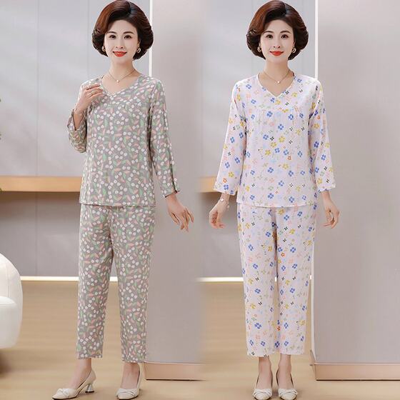 Pajamas Women's Summer Thin Cotton Silk Middle-aged Artificial Cotton Mother Loose Cotton Silk Home Clothes Long-sleeved Pajamas suit
