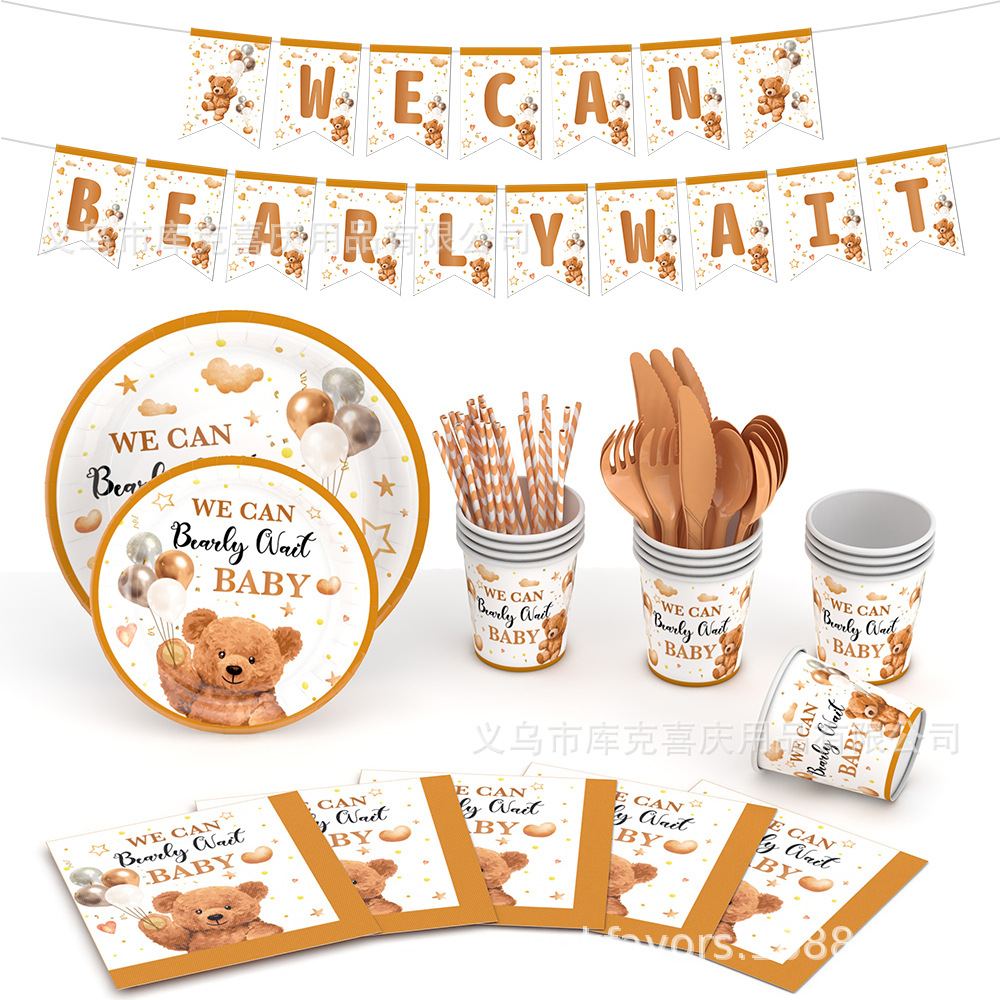 Oso marrón bebé baño fiesta decoración niño niña recién nacido bandeja de papel taza de papel toalla de papel juego de vajilla