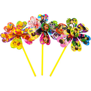Six-page cartoon windmill cartoon colorful plastic windmill variety of cartoon pattern rotating small windmill rainbow