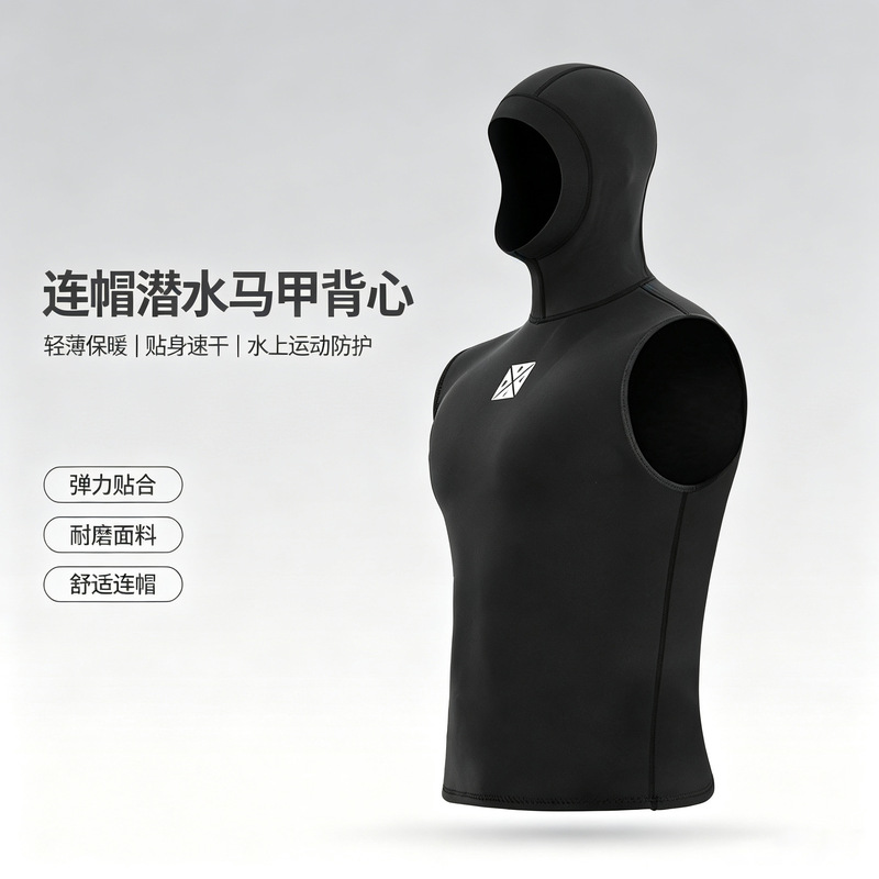 3mm hooded thermal diving vest, sleeveless surfing wetsuit with hood, two-piece diving suit, motorboat vest