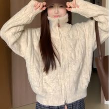 韩国东大门冬季新款时尚高领加厚百搭慵懒杏色双开拉链毛针织衫