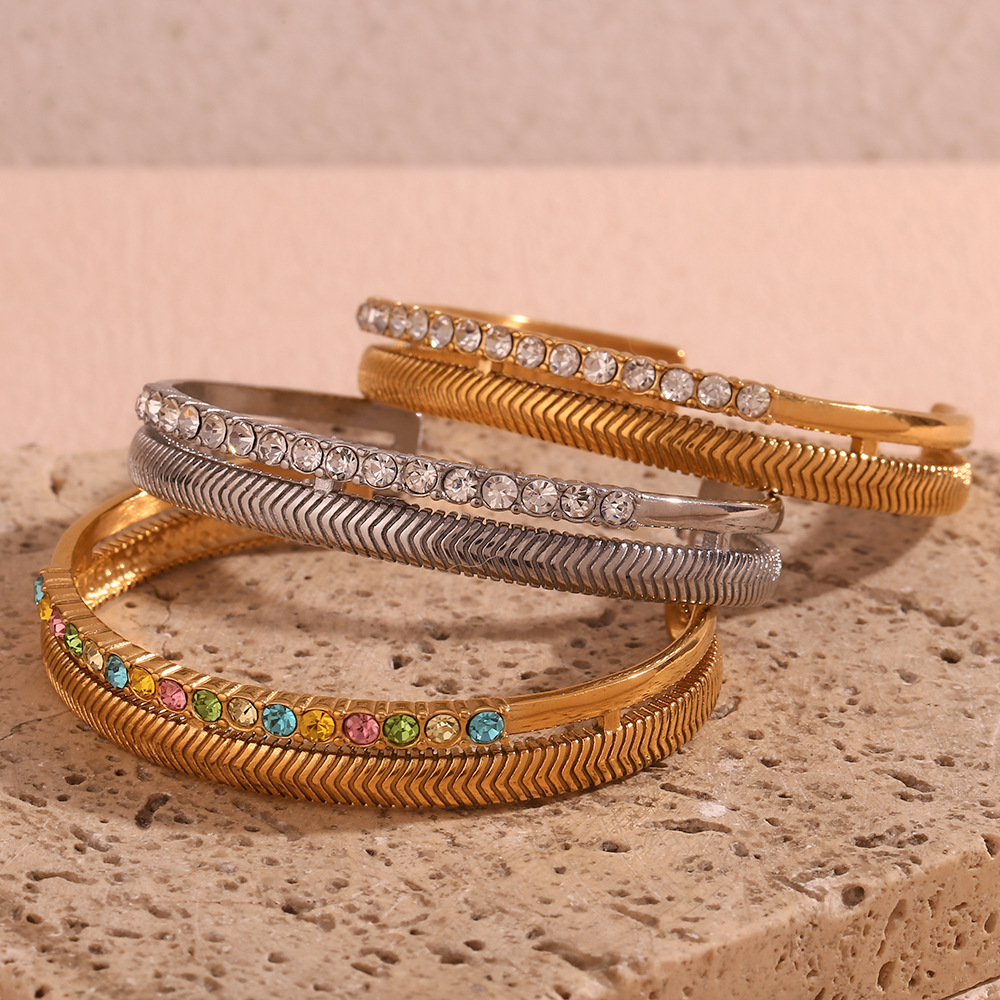 Zircon Inlaid Double Fishbone Open Stainless Steel Bracelet