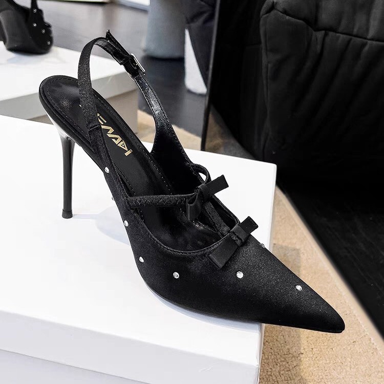 Design Polo Dot Rhinestone Bow Sexy Black High Heels Stiletto Pointed Shallow Hallback Sandals