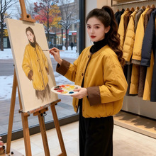 韩系设计感撞色包边圆领棉服外套女2025秋冬季新款小个子加棉上衣