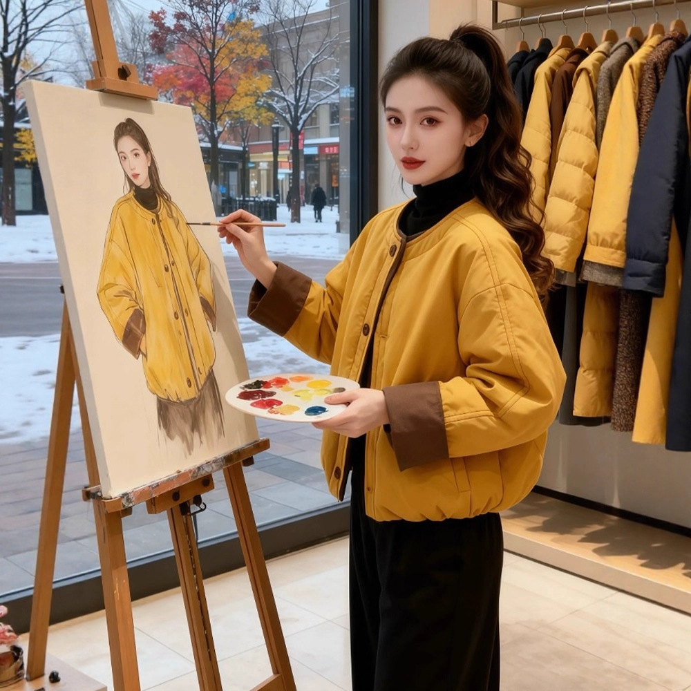 韩系设计感撞色包边圆领棉服外套女2025秋冬季新款小个子加棉上衣