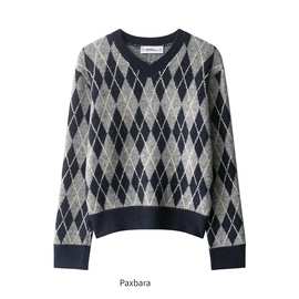 6956欧美女装复古V领菱形格纹套头针织衫毛衣2025秋冬新款上衣