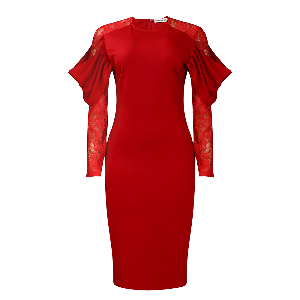 Women's Sheath Dress Elegant Round Neck Lace Long Sleeve Solid Color Knee-Length Holiday Daily display picture 25