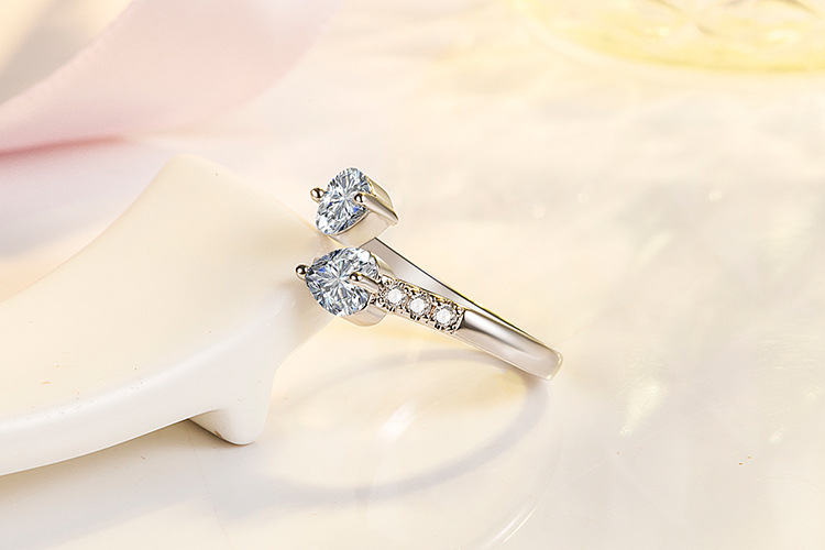 Double Heart Zircon Open Ring For Women Sterling Silver Style_voghion.com