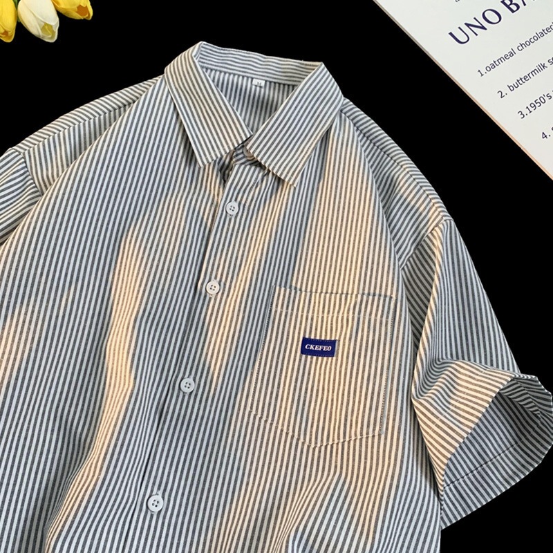 Japanese-Style Striped Short-Sleeve Shirt for Men, Summer Oversized Casual Collared Shirt, American Retro Couple Style Top Japanese-Style Striped Short-Sleeve Shirt for Men, Summer Oversized Casual Collared Shirt, American Retro Couple Style Top