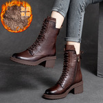 上海杰骤冬季新款棉靴圆头擦色复古牛皮女鞋时尚高帮百搭休闲短靴