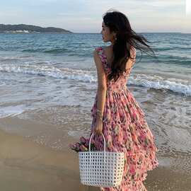 春夏花卉印花弹性缩褶度假连衣裙粉色裙子吊带沙滩长裙