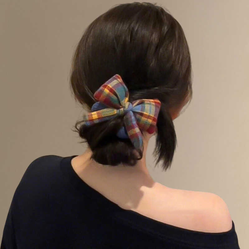 Retro Rainbow Plaid Scrunchie With Bow, Elegant Hair Accessory_voghion.com